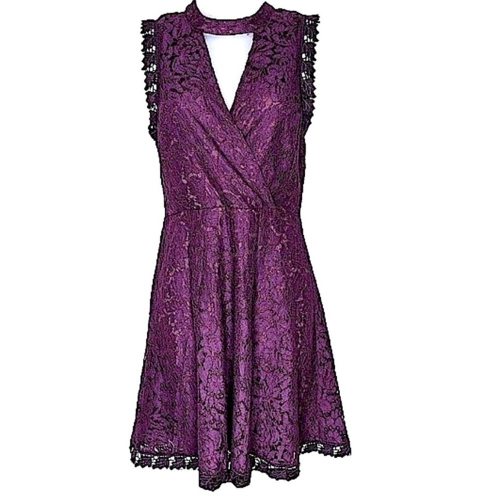 Francesca’s Lace Choker Neck Cut Out Mock Wrap Fit & Flare Mini Dress Purple M
